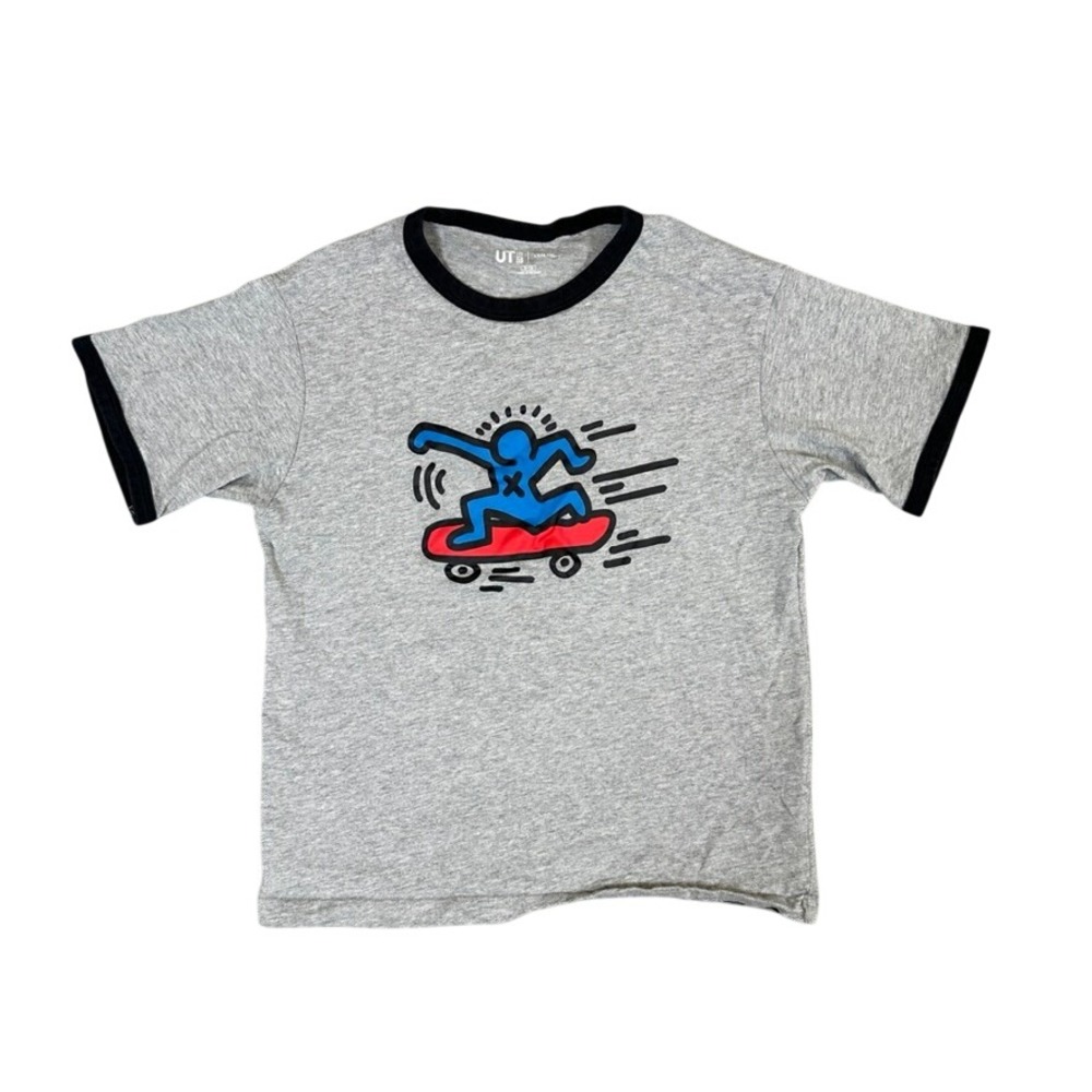 Uniqlo UT Keith Haring Kids Ringer T-Shirt Gray Blue Skateboard Size 9-10